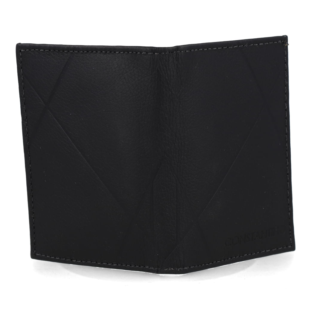 Carteira masculina preta Constantino aberta mostrando interior e parte traseira com acabamento refinado